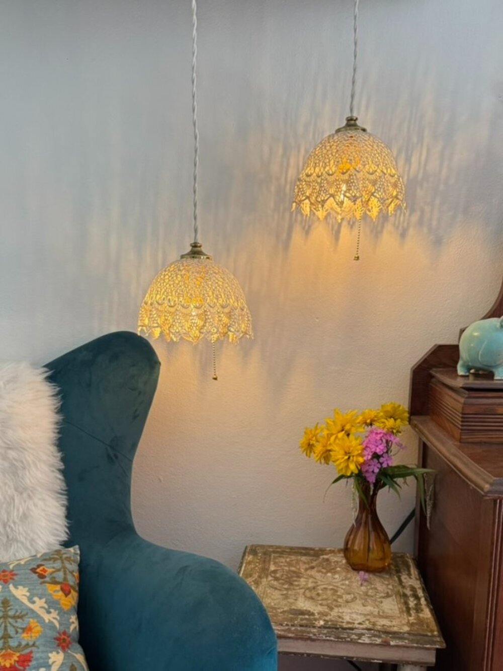 Pendant Lamps with Hand Croched Doily Shade